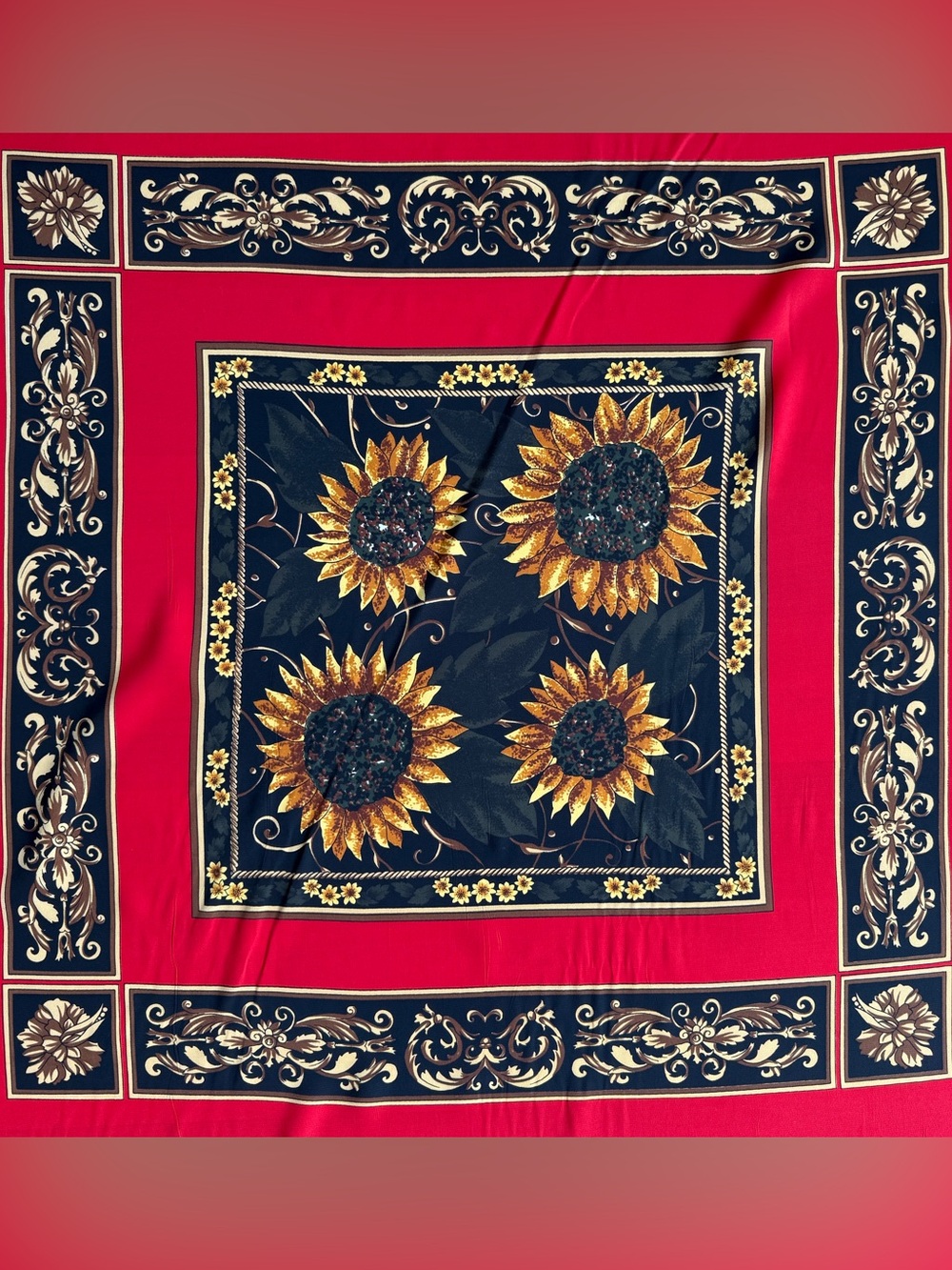 Hermes Vintage Sunflower Scarf Red Silk Paris Design 90cm - Picture 2 of 12
